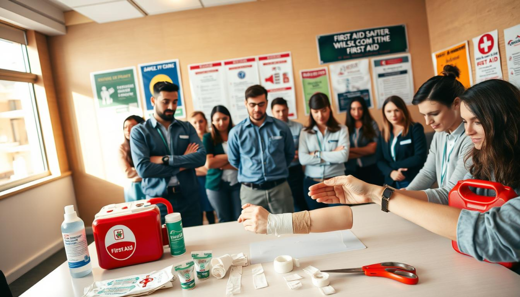 A well-lit classroom setting, with a group of employees gathered around a table. In the foreground, a first aid instructor demonstrates proper bandaging techniques on a model arm, their hands deftly applying gauze and wraps. The middle ground showcases various first aid supplies - antiseptic wipes, bandages, scissors, and a defibrillator - neatly arranged on the table. In the background, motivational safety posters and informative signage line the walls, creating an atmosphere of learning and preparedness. Warm, natural lighting filters through the windows, casting a gentle glow on the scene. The overall mood is one of attentiveness and diligence, as the employees intently focus on mastering these crucial first aid skills.
