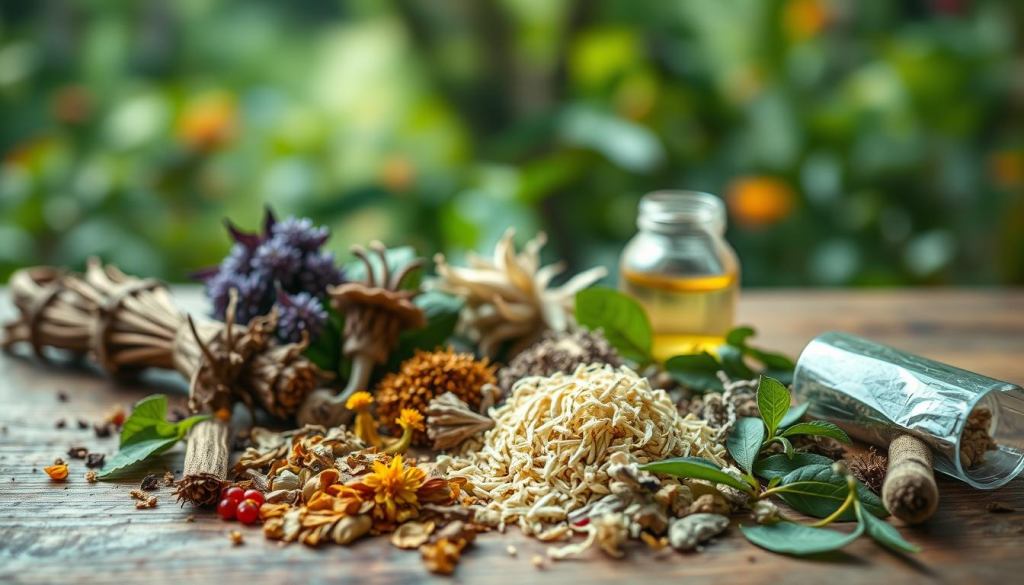 A well-lit, close-up photograph of an assortment of herbal remedies on a wooden table, including various dried flowers, leaves, and roots arranged neatly. In the background, a blurred, out-of-focus scene of a lush, natural setting, such as a garden or forest, conveying a sense of the origins and natural environment of these herbs. The lighting is soft and warm, creating a soothing, trustworthy atmosphere. The image should emphasize the importance of safety and responsible use of herbal medicines, without being overly clinical or preachy.