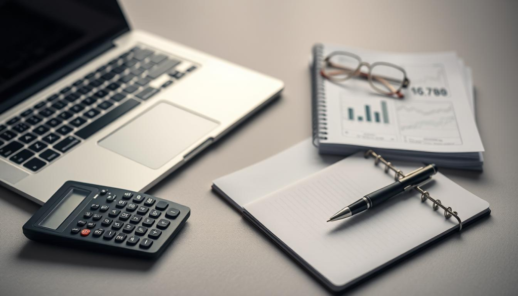 A well-lit, detailed tabletop scene featuring the essential tools for budget forecasting - a sleek laptop, a stack of financial documents, a calculator, and a stylish pen and notebook. The scene is set against a neutral, uncluttered background, allowing the key items to take center stage. The lighting is soft and diffused, creating a sense of focus and professionalism. The composition uses a low-angle perspective to emphasize the importance of the financial planning process. The overall mood is one of organization, efficiency, and financial confidence.