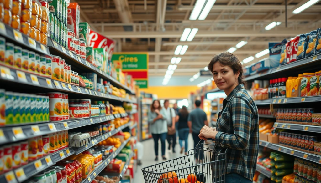 A well-lit grocery store aisle, with a shopper carefully selecting budget-friendly items from the shelves. Fresh produce, canned goods, and basic staples fill the foreground, while the middle ground features shoppers navigating the aisles, and the background showcases the store's signage and checkouts. The scene conveys a sense of intentional, cost-conscious shopping, with the shopper's expression reflecting a mix of focus and determination. The lighting is warm and natural, creating a welcoming atmosphere that invites the viewer to imagine themselves in this practical, money-saving shopping experience.