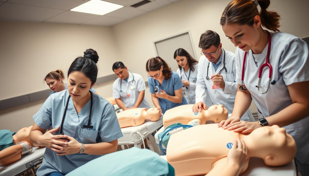 A well-lit hospital training room, with a team of healthcare providers diligently practicing CPR techniques on lifelike medical mannequins. The scene is captured from an overhead perspective, providing a clear view of the participants' focused expressions and precise hand placements as they perform chest compressions and rescue breaths. The lighting is soft and diffused, creating a calming atmosphere conducive to learning. The background is blurred, emphasizing the importance of the training exercise at hand. The overall composition conveys a sense of professionalism, dedication, and the importance of continuous education and skills refreshment for healthcare providers.