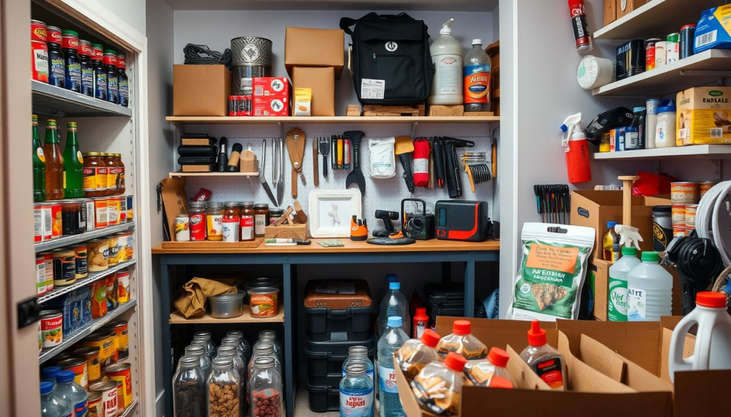 A well-lit interior scene showcasing various budget-friendly prepping strategies. In the foreground, a neatly organized pantry with rows of canned goods, dried foods, and water bottles. In the middle ground, a workbench displays DIY emergency kits, including a first-aid kit, fire-starting tools, and a hand-cranked radio. The background features shelves stocked with essential supplies like flashlights, batteries, and sanitation items. The overall atmosphere is one of preparedness and resourcefulness, with a focus on practical, cost-effective solutions for building a robust emergency stockpile.
