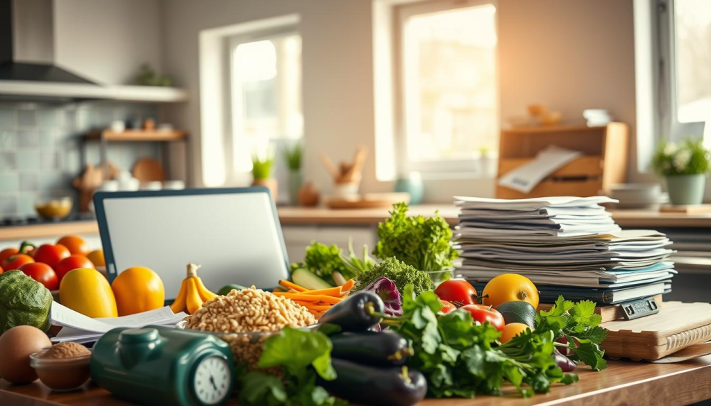 A well-lit kitchen counter, with a laptop, calculator, and organized stacks of receipts, invoices, and meal planning notes. In the foreground, a colorful array of fresh produce, whole grains, and lean proteins - the ingredients for a balanced, budget-friendly meal prep session. Warm, natural lighting filters in through large windows, casting a soft glow on the scene. The overall mood is one of focused concentration and financial responsibility, with a touch of culinary inspiration. A 50mm lens captures the scene from a slightly elevated perspective, emphasizing the importance of budgeting and planning for nutritious, cost-effective meals.