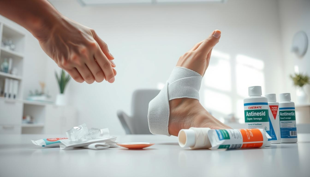 A well-lit medical scene depicting the treatment of a sprained or strained joint. In the foreground, a hand gently wraps a bandage around a swollen ankle, applying ice packs and compression to reduce inflammation. In the middle ground, various first aid supplies are neatly arranged - antiseptic creams, elastic wraps, and pain relievers. The background shows a soothing, minimalist doctor's office with clean white walls and calming natural lighting, conveying a sense of care and professionalism. The overall mood is one of reassurance and effective treatment for a common injury.
