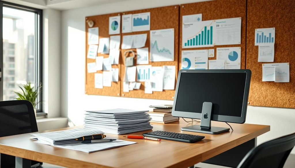 A well-lit office desk with a desktop computer, a stack of spreadsheets, a calculator, and a pen. In the background, a cork board on the wall displays various financial documents, charts, and graphs. The desk is positioned in a spacious room with large windows, allowing natural light to fill the space. The overall atmosphere is organized and focused, reflecting the methodical process of budgeting.