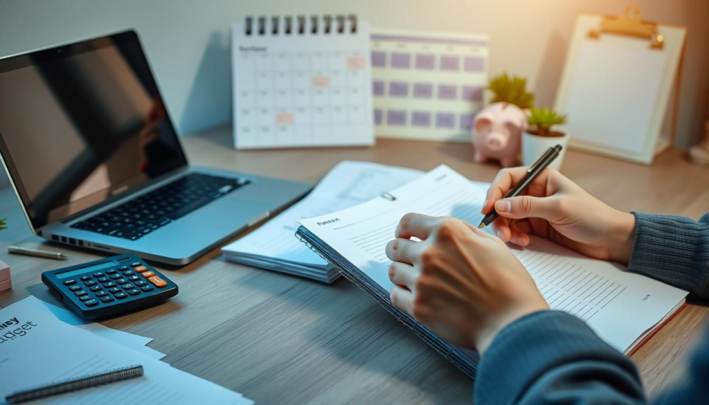 A well-lit office desk with a laptop, calculator, and a stack of paper documents. In the foreground, a person's hands holding a pen and writing notes in a budget planning notebook. The background features a calendar, a piggy bank, and a small potted plant, creating a sense of organization and financial awareness. The overall scene conveys a thoughtful, focused approach to budget planning and personal finance management.
