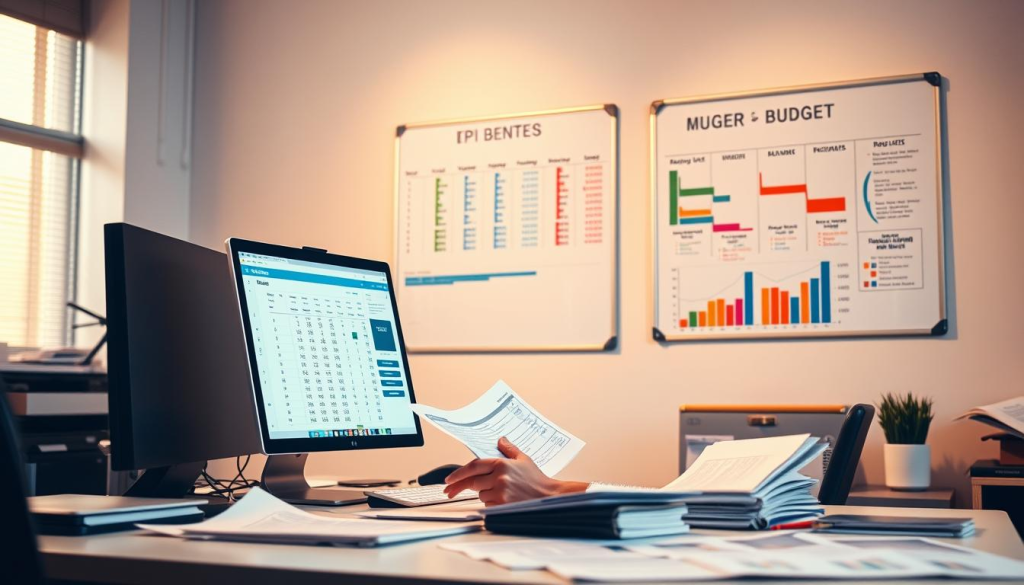 A well-lit office scene with a desk, computer, and various financial documents. In the foreground, a person meticulously reviewing budget reports and tracking expenses on the computer screen. The background features a wall-mounted whiteboard displaying a monthly budget breakdown, with colorful charts and graphs illustrating key spending categories. Soft, warm lighting creates a focused, productive atmosphere, with a sense of order and control over the budgeting process. The overall composition conveys the idea of diligent monthly monitoring of budget usage.
