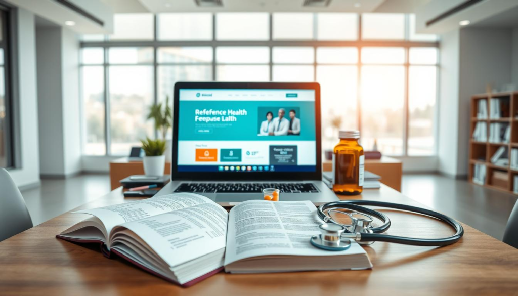 A well-lit professional office desk, adorned with various health-related items - an open medical reference book, a stethoscope, a pill bottle, and a laptop displaying a reputable health website. The desk is positioned in a spacious, modern room with large windows, allowing natural light to flood the space. The overall atmosphere conveys a sense of authority, expertise, and trustworthiness, reflecting the reliable health information sources available to the viewer.