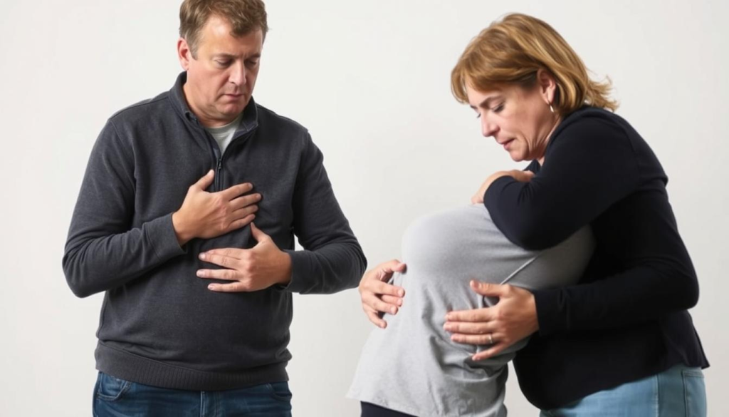 A well-lit scene depicting the Heimlich maneuver, a life-saving technique for choking. In the foreground, a person standing behind another, with their arms wrapped around the victim's abdomen, applying upward thrusts to dislodge the obstruction. In the middle ground, an expression of concern and urgency on the faces of the individuals. The background is a simple, neutral setting, allowing the focus to remain on the first aid procedure. The lighting is clear and natural, highlighting the details of the technique and the expressions of the participants. The overall mood is one of immediacy and importance, conveying the critical nature of this emergency response.