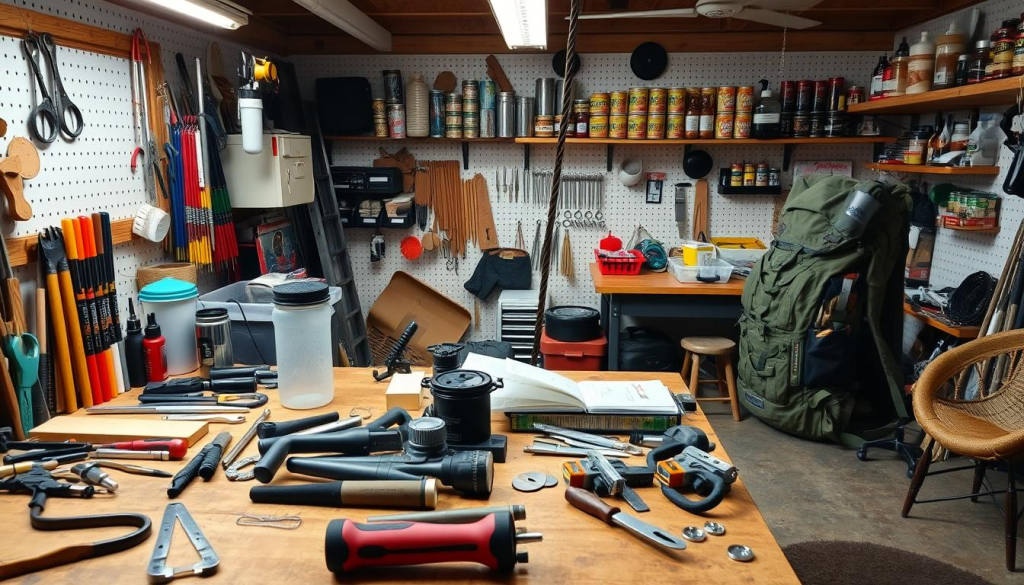 A well-lit workshop filled with an array of DIY prepping projects. In the foreground, various hand tools and hardware supplies are neatly arranged on a sturdy workbench. In the middle ground, a display of self-made survival gear, including a water filtration system, emergency fire starters, and a backpack loaded with essential supplies. The background showcases a pegboard wall adorned with homemade storage solutions, shelves stocked with canned goods, and a cozy work area with a comfortable chair. The scene conveys a sense of resourcefulness, self-reliance, and a commitment to practical, budget-friendly preparedness.