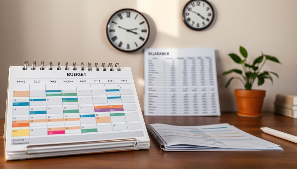 A well-organized budget management schedule displayed on a wooden desk. In the foreground, a neatly arranged calendar with color-coded entries. In the middle, a spreadsheet showing monthly income and expenses, with carefully calculated totals. In the background, a neutral-toned wall, with a minimalist wall clock and a potted plant, creating a calm, focused atmosphere. The lighting is soft and natural, casting a warm glow on the workspace. The overall impression is one of efficiency, control, and a thoughtful approach to financial planning.