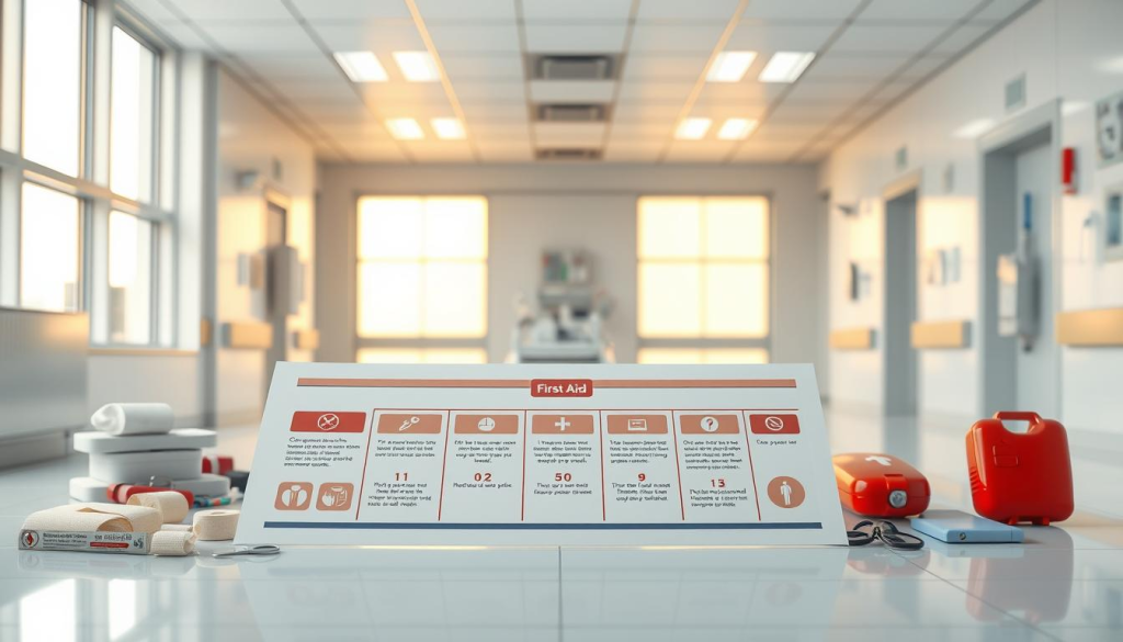 A well-organized medical diagram depicting a first aid response plan. The foreground shows a clear, color-coded flowchart outlining the steps to take in an emergency, with icons and text describing key actions. The middle ground features medical equipment like bandages, scissors, and a defibrillator, arranged in a neat, organized manner. The background is a crisp, clean hospital interior with sterile white walls and tile flooring, bathed in warm, natural lighting from large windows. The overall mood is one of professionalism, preparedness, and attention to detail, conveying a sense of confidence in the ability to respond effectively to a medical crisis.