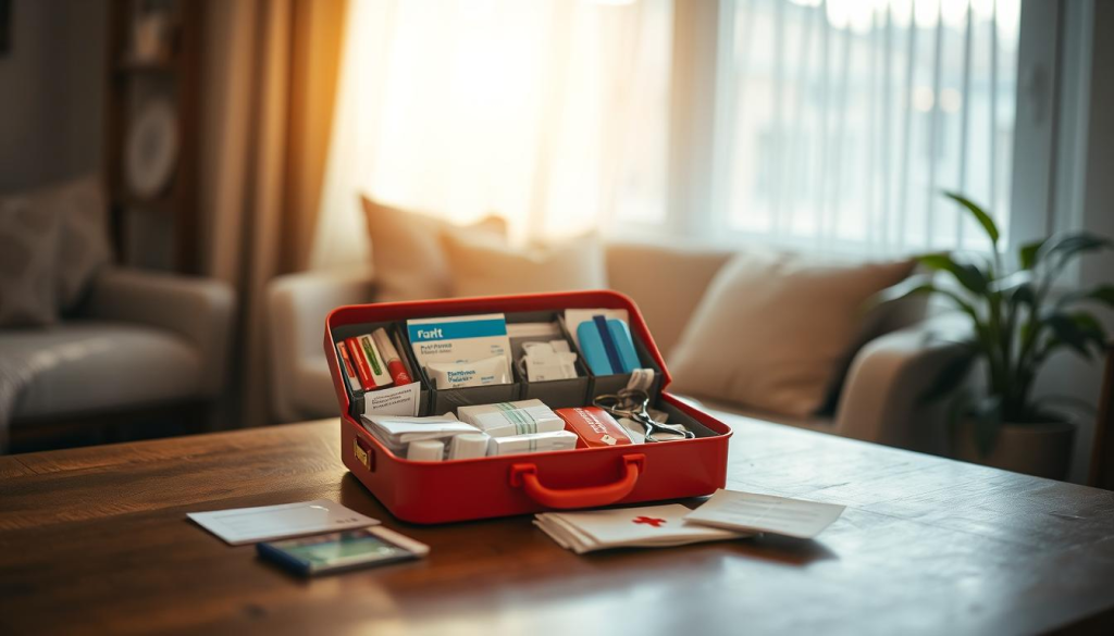 A well-stocked first aid kit rests on a wooden table, illuminated by warm, natural lighting that filters through the window. The kit is neatly organized, with each compartment clearly labeled - bandages, antiseptic wipes, gauze, scissors, and other essential medical supplies. The background is a cozy, inviting room, with subtle textures and hints of greenery, conveying a sense of preparedness and comfort. The overall mood is one of readiness and care, reflecting the importance of having the right tools on hand for any emergency situation.