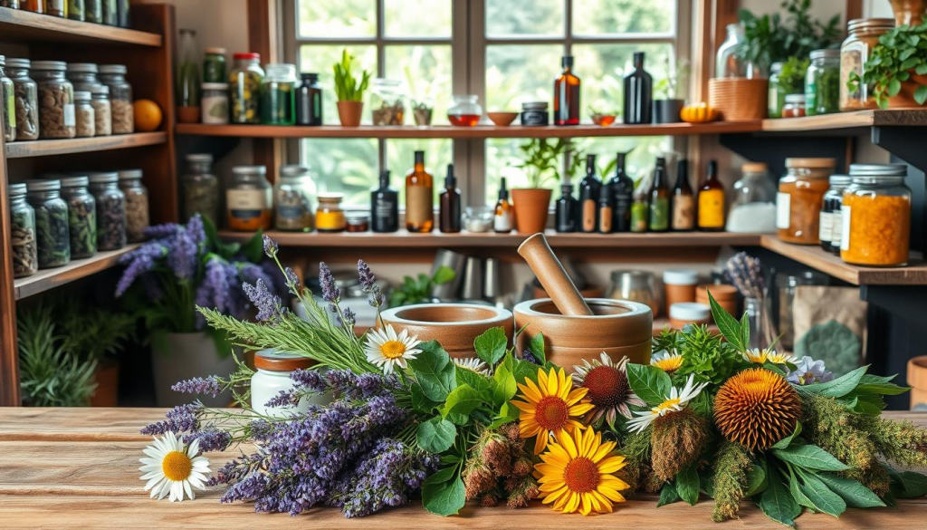 A well-stocked herbal apothecary with an assortment of natural remedies, including jars of dried herbs, essential oils, and tinctures, arranged on rustic wooden shelves. The foreground features an array of fresh botanicals, such as lavender, chamomile, and echinacea, arranged in a visually striking still life. The middle ground showcases a mortar and pestle, a tea kettle, and other herbal preparation tools, while the background depicts a window overlooking a lush, verdant garden. The lighting is soft and natural, lending a serene, tranquil atmosphere to the scene. The overall composition conveys a sense of harmony, wellness, and the power of integrating herbal remedies into daily health.