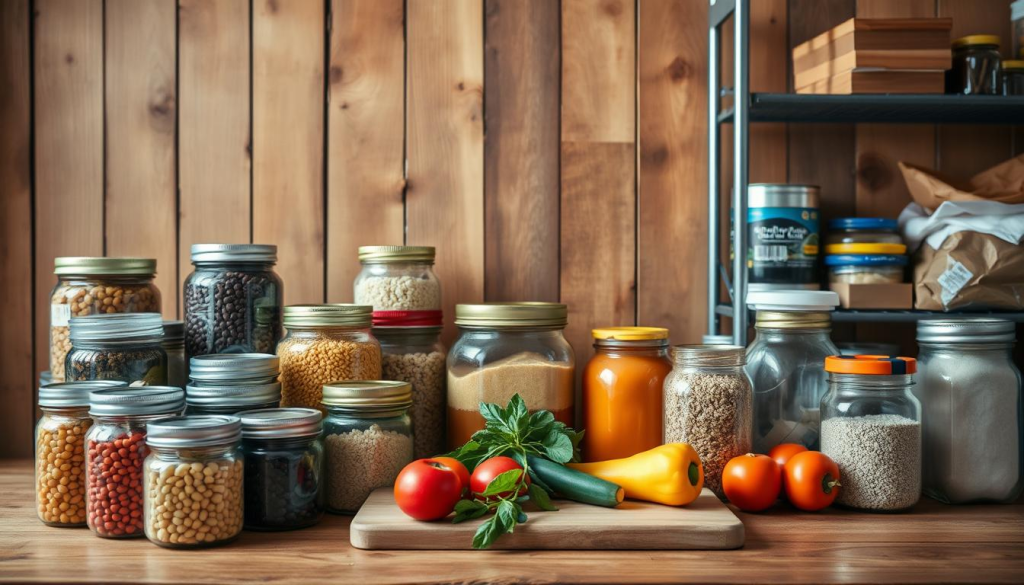 A well-stocked pantry against a rustic wooden backdrop, showcasing various budget-friendly prepping staples. In the foreground, a mix of canned goods, dried beans, and rice in simple jars and containers. The middle ground features a cutting board with a few fresh vegetables, while the background reveals a set of sturdy metal shelves holding additional supplies. The lighting is soft and natural, casting a warm, inviting glow. The overall composition conveys a sense of preparedness and self-reliance, without sacrificing an aesthetic appeal suitable for a "Building a Basic Food Stockpile" illustration.