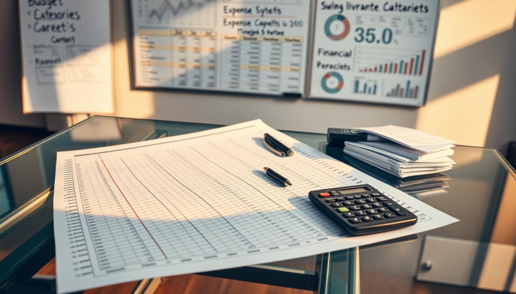 An expansive spreadsheet on a sleek glass desk, its columns and rows meticulously organized. Atop the spreadsheet, a calculator, a pen, and a stack of receipts, all bathed in warm, directional lighting that casts subtle shadows. In the background, a wall-mounted whiteboard displays various budget categories, financial targets, and hand-drawn charts. The overall mood is one of focused diligence, with a touch of modern elegance to convey the importance of expense estimation in crafting an effective organizational budget.