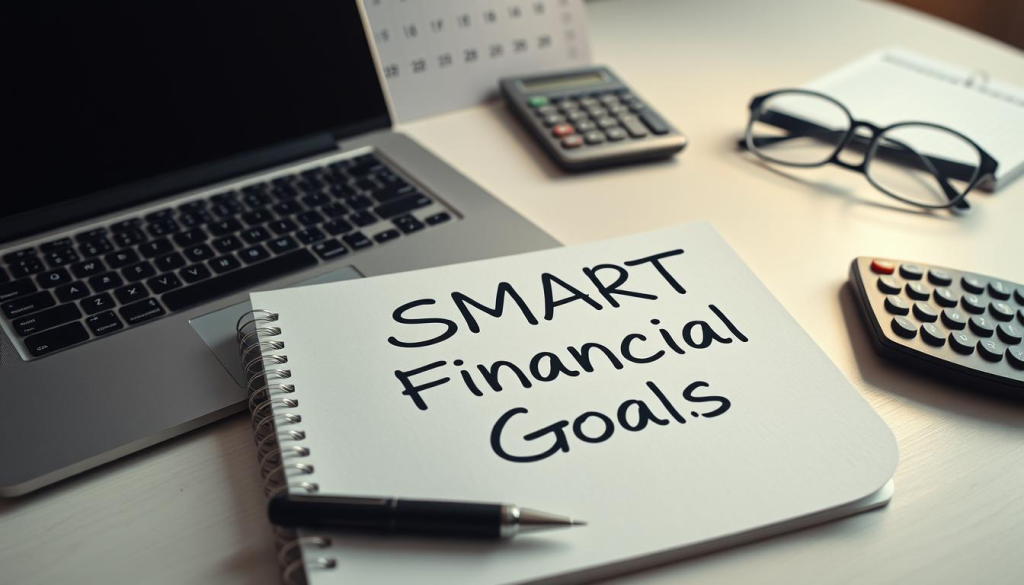 An office desk with a laptop, a pen, and a notebook. On the notebook, the words "SMART Financial Goals" are written in bold, clean font. In the background, a calendar, a calculator, and a pair of reading glasses are neatly arranged, conveying a sense of organization and financial planning. The lighting is soft and warm, creating a professional and focused atmosphere. The overall composition is clean, minimalist, and visually appealing, reflecting the importance of setting clear, measurable, achievable, relevant, and time-bound financial goals.
