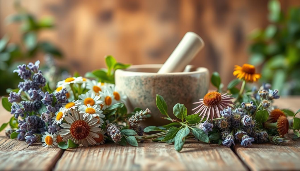 Delicate herbal sprigs arranged artfully on a rustic wooden table, their vibrant hues and textures showcasing the natural remedies for common ailments. Soft, diffused lighting casts a warm, inviting glow, highlighting the soothing properties of chamomile, lavender, and echinacea. In the middle ground, a mortar and pestle stand ready to grind the herbs into restorative tinctures and salves. The background is blurred, allowing the remedies to take center stage and communicate their healing power. This image conveys a sense of tranquility, wellness, and the timeless wisdom of natural medicine.