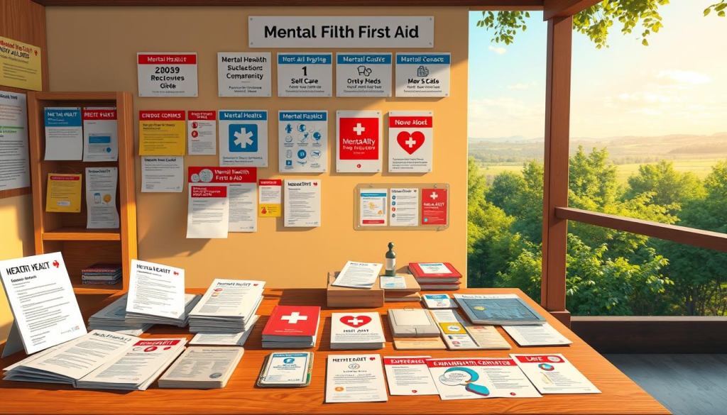 Detailed illustration of a well-equipped mental health first aid station, bathed in warm, natural lighting. In the foreground, an array of informational brochures, emergency contact cards, and self-care resources organized neatly on a wooden table. The middle ground features a wall display showcasing a variety of mental health support hotline numbers, crisis intervention guides, and first aid kits. In the background, a serene, calming landscape with lush greenery, reflecting the tranquility and care associated with mental health first aid. The overall atmosphere is one of compassion, education, and accessibility, inviting the viewer to engage with the vital resources on display.
