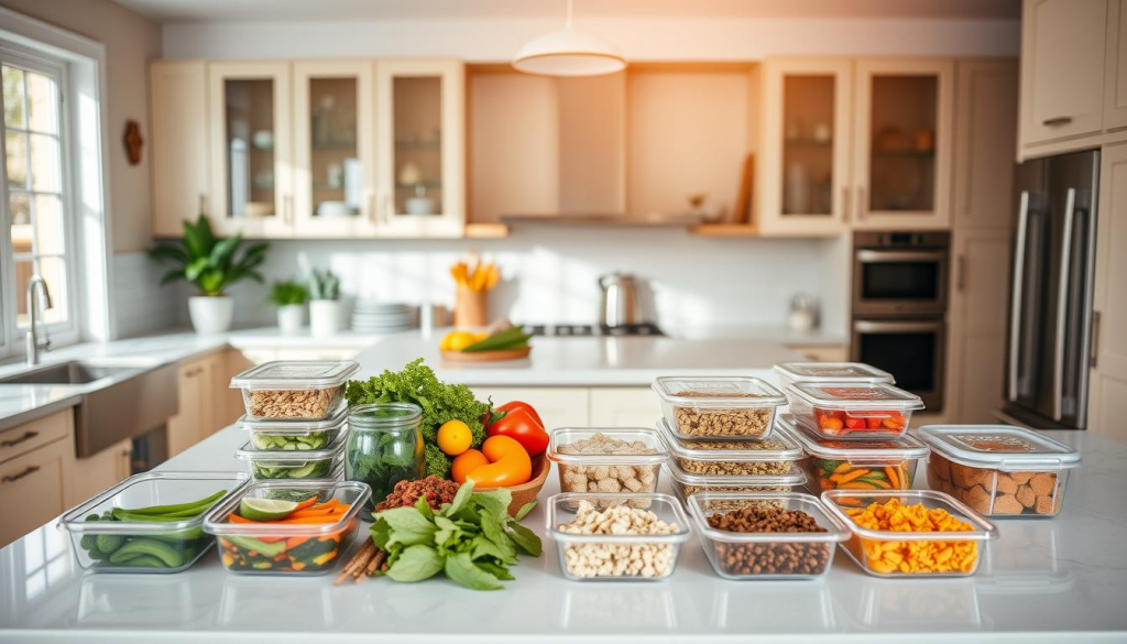 Economical meal prep strategies: a bright, modern kitchen with a central island, showcasing a variety of colorful ingredients like fresh vegetables, grains, and plant-based proteins. On the countertop, various meal prep containers and utensils are neatly arranged, demonstrating efficient organization and portion control. Warm, natural lighting filters in, creating a welcoming atmosphere. The overall scene conveys a sense of simplicity, practicality, and a commitment to making the most of accessible, budget-friendly ingredients.