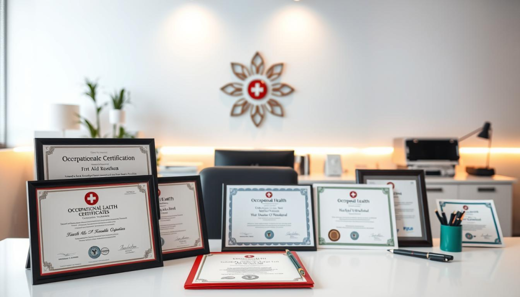Occupational health certifications displayed on a clean, modern office desk. In the foreground, various certificates and diplomas neatly arranged, showcasing expertise in first aid, CPR, and workplace safety. In the middle ground, a desktop computer and office supplies create a professional work environment. The background features a minimalist wall decor, with warm, indirect lighting illuminating the scene, conveying a sense of credibility and competence. The overall composition emphasizes the importance of comprehensive occupational health programs that prioritize employee well-being and safety.