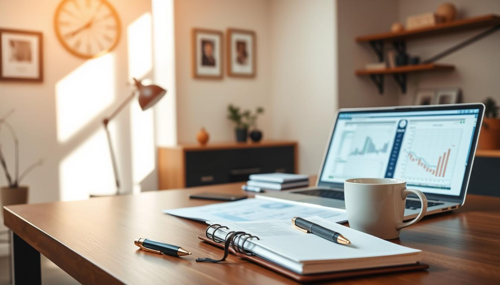 Prompt A sleek and modern home office, bathed in warm, natural lighting. On the desk, a neatly organized array of finance-related documents, a laptop displaying a budgeting software interface, and a carefully annotated spreadsheet. The walls are adorned with minimalist decor, conveying a sense of focus and efficiency. In the foreground, a stylish pen and a leather-bound planner sit alongside a cup of aromatic coffee, symbolizing the thoughtful, meticulous approach to budget management. The overall atmosphere is one of calm, control, and a sense of financial mastery.