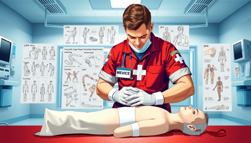 Vibrant, high-contrast medical illustration depicting essential first aid techniques. In the foreground, a skilled medic demonstrates critical lifesaving procedures like CPR, bandaging, and applying tourniquets. Mid-ground shows instructional diagrams, step-by-step visuals, and anatomical references. Background is a clean, clinical setting with modern hospital equipment, calming blue and white tones. Dramatic lighting creates depth and highlights key details. Precise, technical style with clear, informative composition. No text, captions or distractions - pure visual guide to essential first aid knowledge.