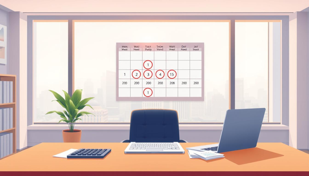 a beautiful, detailed illustration of the concept of "budget review frequency" set in a modern, minimalist office environment. in the foreground, a professional-looking desk with a laptop, calculator, and some financial documents. the middle ground features a wall calendar with various important dates circled, representing different review cycles. in the background, a large window overlooking a cityscape, suggesting a sense of organization and productivity. the lighting is soft and warm, creating a serene and focused atmosphere. the overall composition is balanced and visually appealing, effectively conveying the idea of periodic budget reviews in a professional setting.