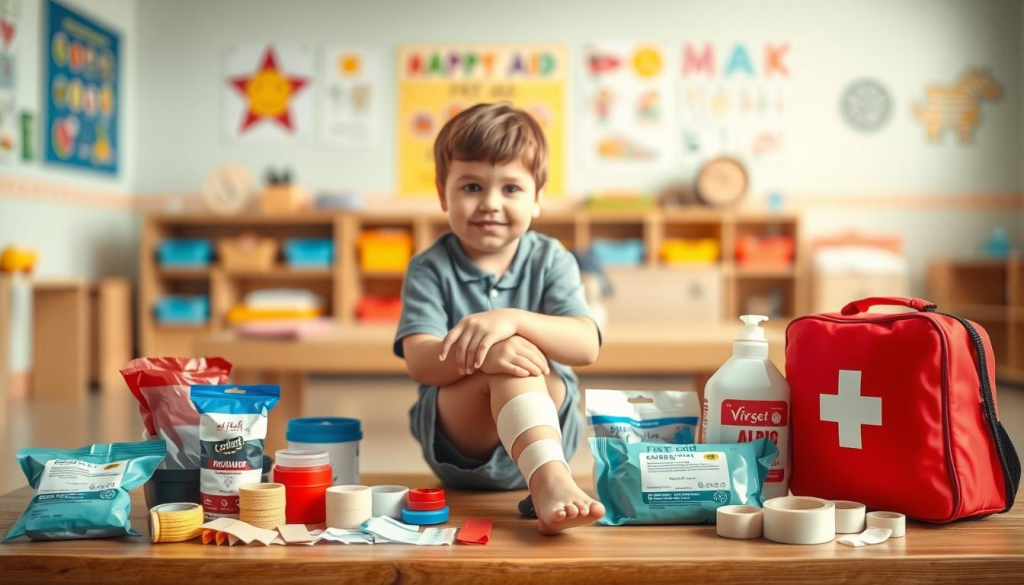 a brightly lit first aid scene for children, featuring a young boy with a bandaged knee sitting on a wooden bench, surrounded by a variety of colorful first aid supplies - bandages, antiseptic wipes, gauze pads, medical tape, and a first aid kit. The background shows a soft, blurred school or daycare environment, with cheerful wall decor and educational posters. Warm, natural lighting illuminates the scene, creating a sense of care and comfort. The composition emphasizes the simplicity and accessibility of basic first aid procedures for children, encouraging a calm and reassuring atmosphere.