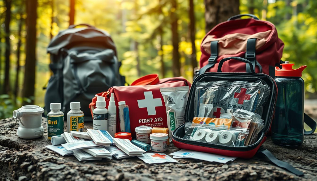 a detailed, realistic, and visually striking image of a first aid and medical supplies in an outdoor adventure setting. The foreground features a well-stocked first aid kit with bandages, antiseptic, and other essential items, artfully arranged on a rugged wooden surface. The middle ground showcases a hiking backpack, water bottle, and other outdoor gear, conveying a sense of preparedness and self-reliance. The background depicts a lush, verdant forest landscape with sunlight filtering through the trees, creating a warm and serene atmosphere. The overall composition is balanced and visually appealing, with a focus on the practical and necessary elements of health and safety in outdoor adventures.