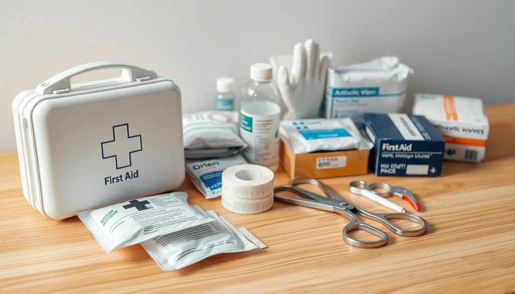 a neatly organized array of essential first aid supplies on a clean, well-lit wooden surface. In the foreground, a white first aid kit, a package of sterile gauze pads, and a roll of adhesive bandages. In the middle ground, a pair of medical scissors, a bottle of antiseptic solution, and a box of disposable gloves. In the background, a thermometer, a cold pack, and a box of antiseptic wipes. The lighting is soft and natural, creating a calming, professional atmosphere suitable for a workplace setting.